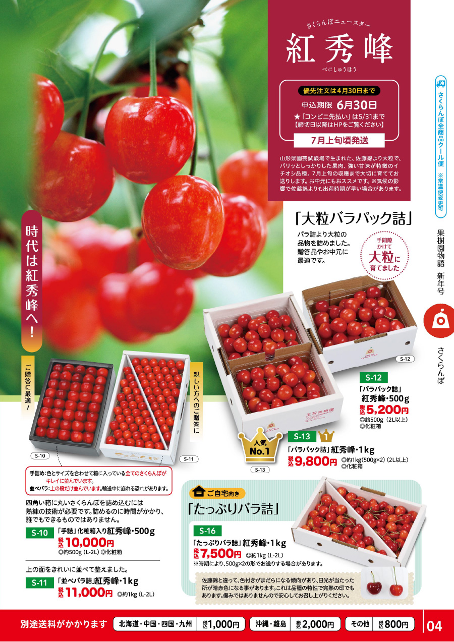 山形県産さくらんぼ　紅秀峰　　1kg 贈答用 2025年4月頃～予約開始予定|《ご家庭用》さくらんぼ紅秀峰1kgバラ詰